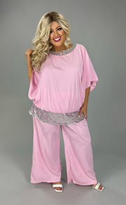 SET Pink Sequin Contrast 2 Piece Pants Set (Size up 1 Size)