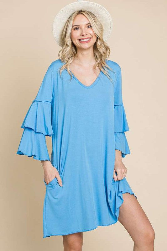 61 SQ {No Excuses} Spring Blue V-Neck Tiered Sleeve Dress PLUS SIZE 1X 2X 3X