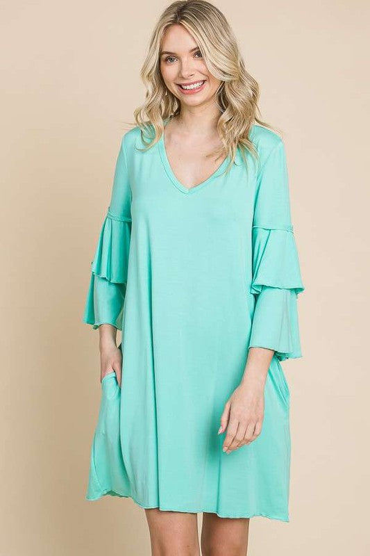 60 SQ {No Excuses} Mint V-Neck Tiered Sleeve Dress PLUS SIZE 1X 2X 3X