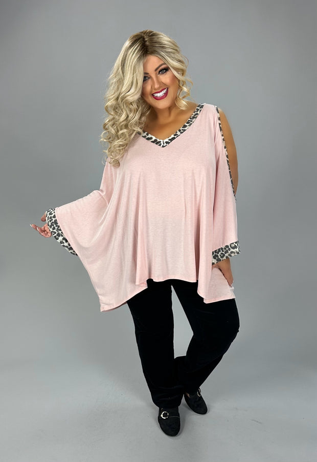 59 OS {Already Moving On} Pink/Leopard Cold Shoulder V-Neck Top PLUS SIZE XL 2X 3X