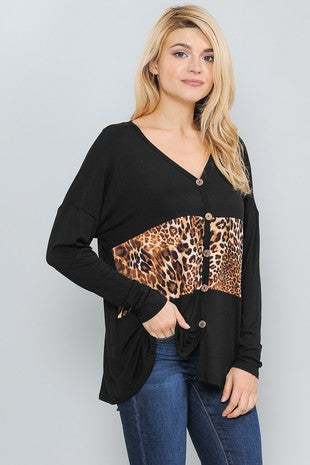 70 CP {Trust Your Instincts} Black Leopard Contrast Button Top  CURVY BRAND PLUS SIZE XL 2X 3X