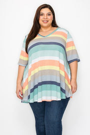 17 PSS {Chasing Sunsets} Orange Multi Stripe V-Neck Top EXTENDED PLUS SIZE 3X 4X 5X