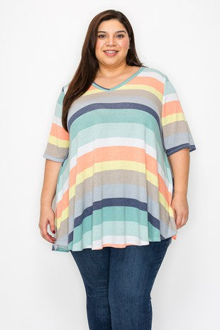 17 PSS {Chasing Sunsets} Orange Multi Stripe V-Neck Top EXTENDED PLUS SIZE 3X 4X 5X