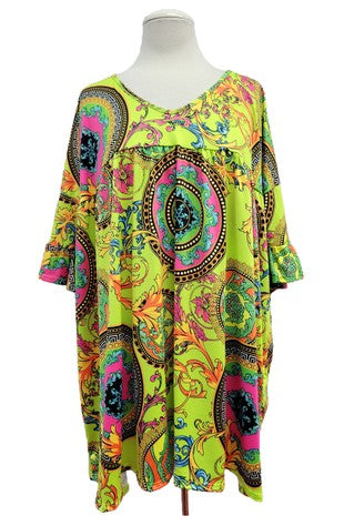 22 PSS {Feeling Electric} Lime Multi Paisley Print Top EXTENDED PLUS SIZE 4X 5X 6X