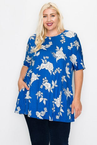 28 PSS {Color Me Pretty} Royal Blue Sketch Floral Top EXTENDED PLUS SIZE 3X 4X 5X