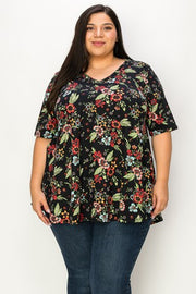 24 PSS {Florally Impressed} Black Floral Leaf V-Neck Top EXTENDED PLUS SIZE 3X 4X 5X