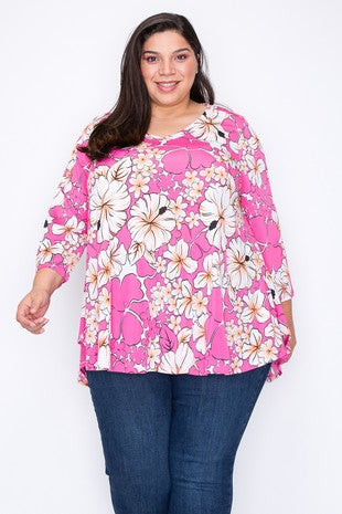 59 PQ {Always Memorable} Fuchsia Floral V-Neck Tunic EXTENDED PLUS SIZE 3X 4X 5X