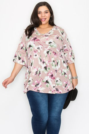 20 PSS {Loved For Style} Mauve Floral Print Ruffle Sleeve Top EXTENDED PLUS SIZE 3X 4X 5X