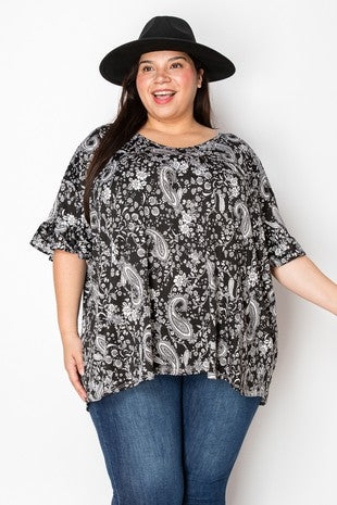 24 PSS {Into The Moment} Black White Paisley Top PLUS SIZE 1X 2X 3X