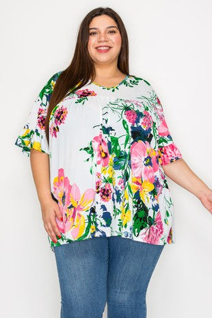 30 PSS {Only This Time} Ivory Floral Ruffle Sleeve Top EXTENDED PLUS SIZE 4X 5X 6X