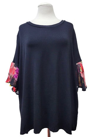 33 CP {Love Bug} Black Top w/Sheer Floral Sleeve Detail PLUS SIZE 1X 2X 3X