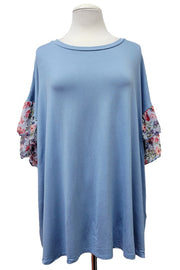 36 CP {On Cloud Nine} Gray Blue Top w/Floral Sleeve Detail PLUS SIZE 1X 2X 3X