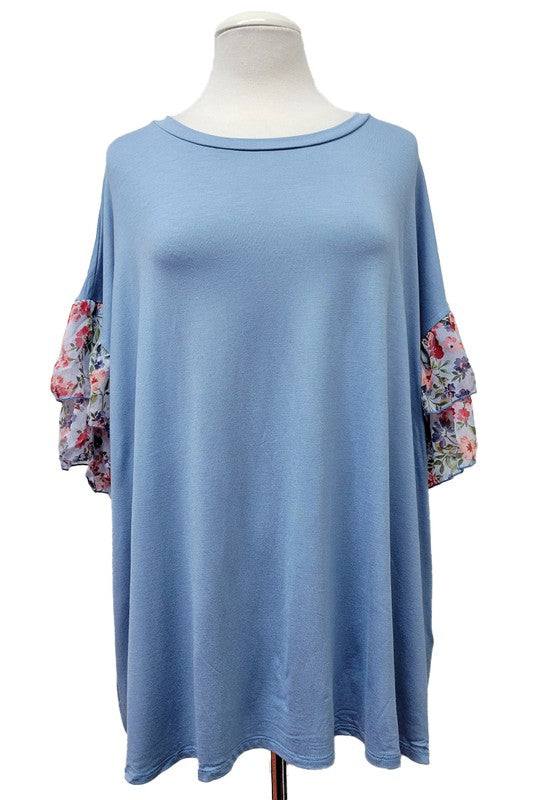 36 CP {On Cloud Nine} Gray Blue Top w/Floral Sleeve Detail PLUS SIZE 1X 2X 3X