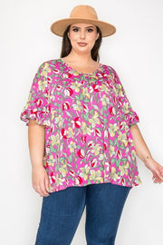 39 PSS {Second Nature} Fuchsia Floral V-Neck Ruffle Sleeve Top EXTENDED PLUS SIZE 4X 5X 6X