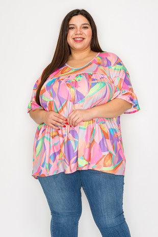 40 PSS {That's So True} Coral Pink Multi Printed Ruffle Sleeve Top EXTENDED PLUS SIZE 4X 5X 6X