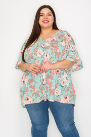 41 PSS {It's Our Time} Teal Coral Floral Ruffle Sleeve Top EXTENDED PLUS SIZE 4X 5X 6X