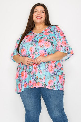 43 PSS {Totally Smitten} Sky Blue Floral Ruffle Sleeve Top EXTENDED PLUS SIZE 4X 5X 6X