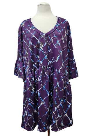 25 PSS {Take A Look} Purple Blue Print V-Neck Tulip Sleeve Top EXTENDED PLUS SIZE 3X 4X 5X