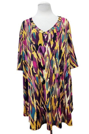 32 PSS {Here And Now} Yellow Multi Abstract V-Neck Top EXTENDED PLUS SIZE 3X 4X 5X