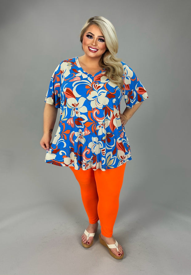 59 PSS {Floral Attitude} Blue Orange Floral V-Neck Top EXTENDED PLUS SIZE 4X 5X 6X