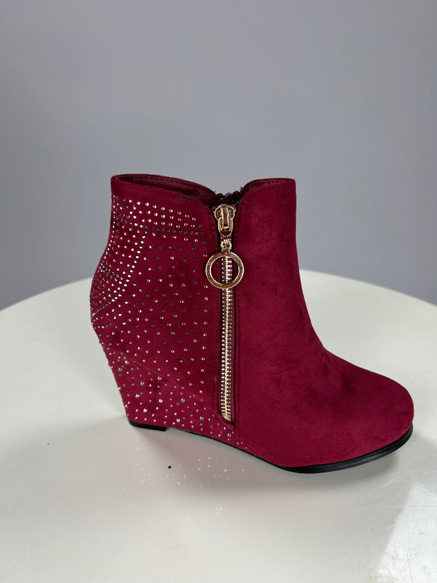 SHOES {Weeboo] Wine Suede Booties w/ Rhinestone Detail