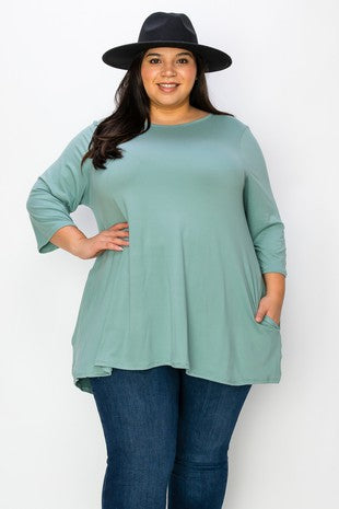 64 SQ {One More Shot} Sage Quarter Sleeve Round Hem Top EXTENDED PLUS SIZE 3X 4X 5X