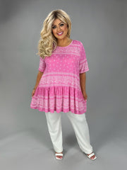 34 PSS {Stolen Heart} Pink Paisley Print Frill Hem Top EXTENDED PLUS SIZE 3X 4X 5X