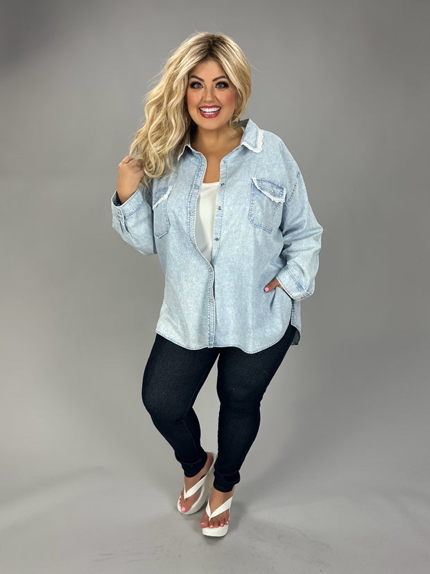 35 SD {Delicate Style} Light Denim Button Up Top w/Lace Detail PLUS SIZE 1X 2X 3X