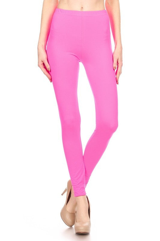 LEG-36  {Pursuit Of Comfort} Neon Fuchsia Full Length Leggings EXTENDED PLUS SIZE