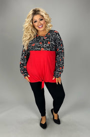 SALE!! 45-GT-G  {Written Love Letters } Red Black Top  w/ Script & Tie Front  PLUS SIZE 1X 2X 3X