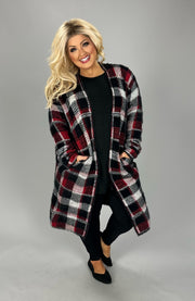 93 OT-D {Feel The Chill} Red/Black Plaid Long Cardigan  PLUS SIZE 1X/2X  2X/3X