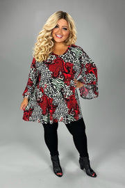 81 PQ {Chasing Perfection} Black/Red Mixed Print Ruffle  Sleeve Top EXTENDED PLUS 4X 5X 6X