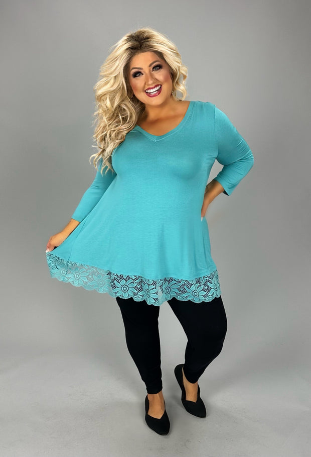 SD-M (Just Amazing) Ash Mint V-Neck Tunic With Lace Hem PLUS SIZE 1X 2X 3X