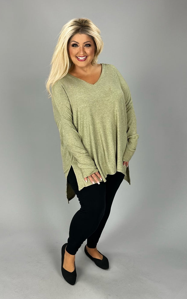 SALE!! 1-91 SLS-Z {See You There} Dusty Olive Ribbed V-Neck Top PLUS SIZE 1X 2X 3X