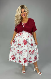 CW SET Burgundy/Ivory Floral Dress w/Burgundy Cropped Cardigan