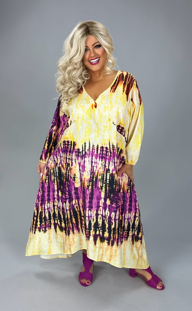 LD-S {Make A Choice} Yellow Purple Tie Dye Maxi Dress CW EXTENDED PLUS SIZE 3X