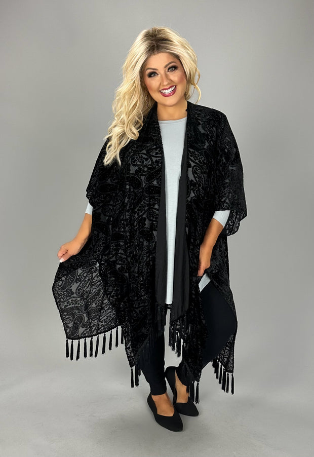 89-OT {UMGEE} Black Velvet Kimono with Tassel Detail