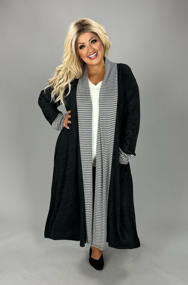 15 OT {Impressive Dressing} Black Long Duster w/Print Trim PLUS SIZE 1X 2X 3X