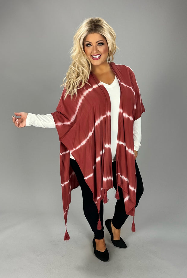 93 OT-C {Life Is Good} Brick Red Tie Dye Kimono PLUS SIZE 1X/2X  2X/3X