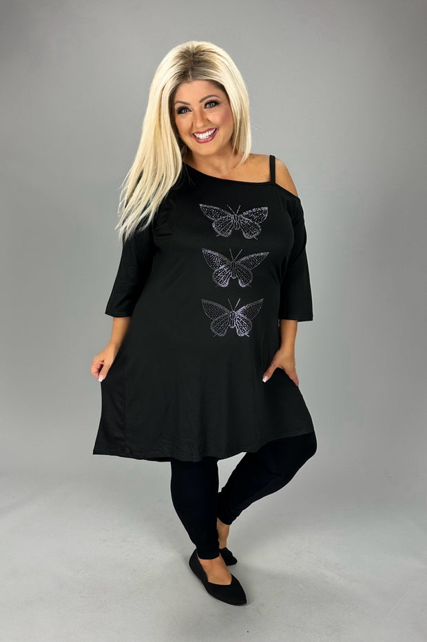 SALE!! CW Black Sequin Butterfly 1 Open Shoulder Tunic