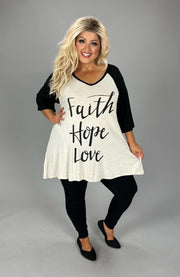 26 GT (Faith-Hope-Love) Oatmeal/Black  Graphic Tee Plus CURVY BRAND (May Size Down 1 Size)