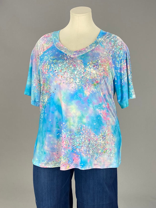 PSS {Bringing The Sparkle} Size up 1 Size!Blue Tie Dye V-Neck Top CW EXTENDED PLUS SIZE 3X 4X 5X