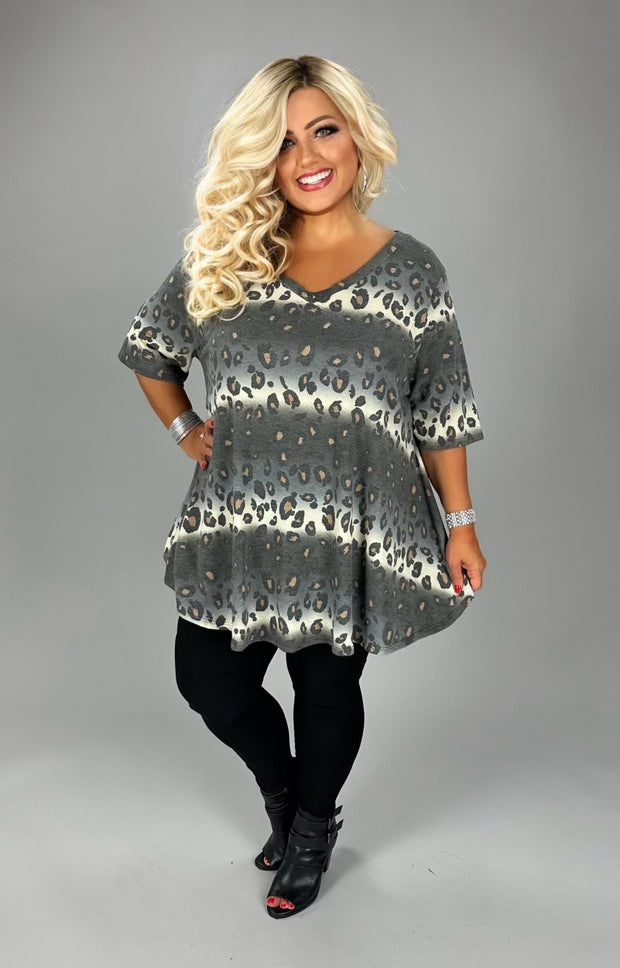 18 PSS {Bodacious Babe} Black/Charcoal Leopard Print V-Neck Top EXTENDED PLUS SIZE 3X 4X 5X