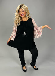 25 CP {Love Like Crazy} Black Top w/Pink Floral Contrast Sleeve EXTENDED PLUS SIZE 1X 2X 3X 4X