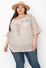 92 SQ {Endless Adoration} Beige Scoop Neck Top w Ruffle Detail EXTENDED PLUS SIZE 4X 5X 6X