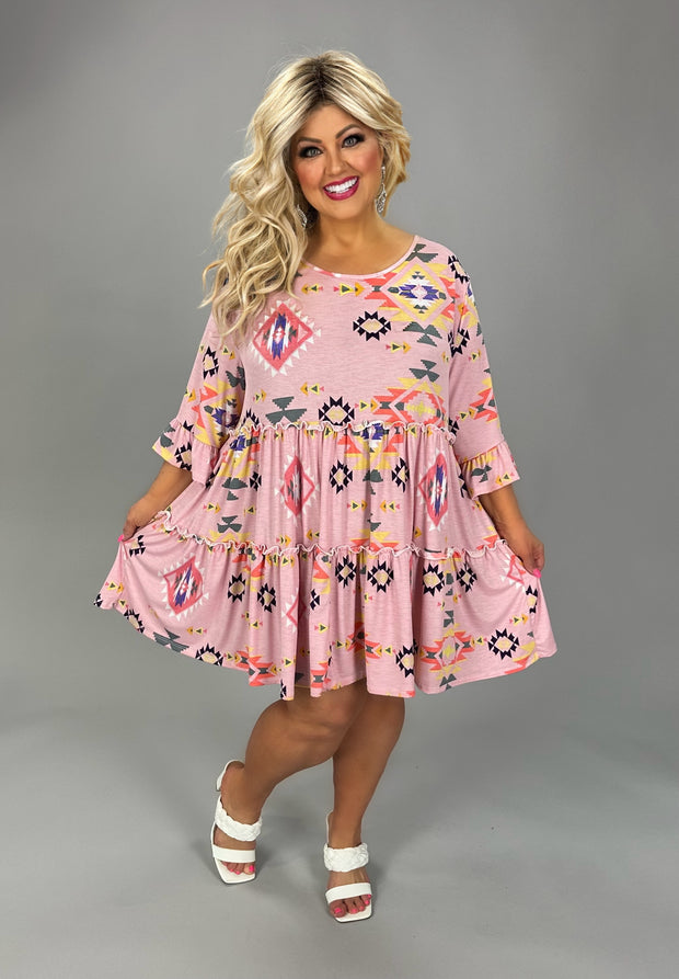 36 PSS {Perfect Clarity} Pink Tribal Print Tiered Tunic EXTENDED PLUS SIZE 1X 2X 3X 4X 5X