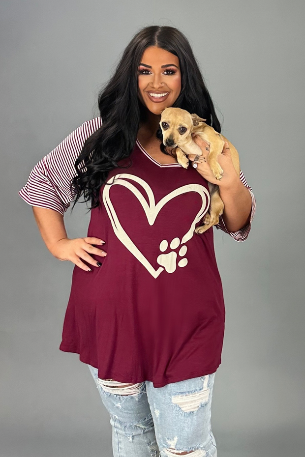 29  GT {Paw Heart} Burgundy w/ Striped Sleeve Graphic Tee  PLUS  SIZE XL 2X 3X 4X 5X  6X