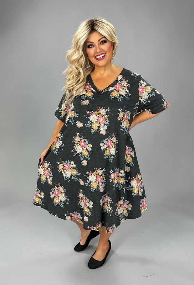 21 PSS {A Thing Of Beauty} Charcoal Floral Print V-Neck Dress EXTENDED PLUS SIZE 4X 5X 6X