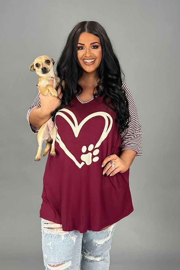 29  GT {Paw Heart} Burgundy w/ Striped Sleeve Graphic Tee  PLUS  SIZE XL 2X 3X 4X 5X  6X