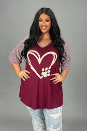 29  GT {Paw Heart} Burgundy w/ Striped Sleeve Graphic Tee  PLUS  SIZE XL 2X 3X 4X 5X  6X